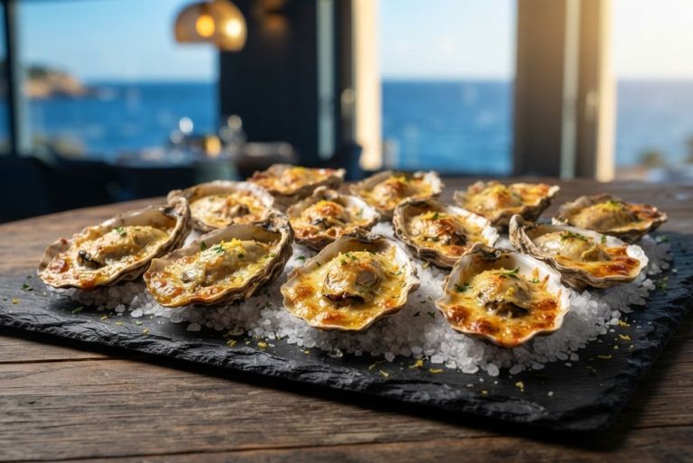 Ostras gratinadas con mantequilla de miso, parmesano y limón